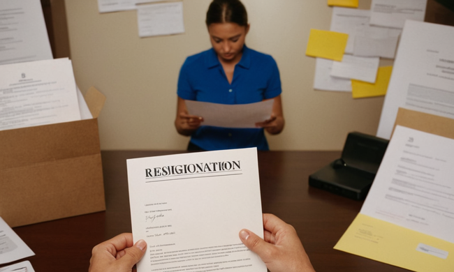 Una persona con una carta de renuncia, rodeada de diversos documentos profesionales y oficiales.