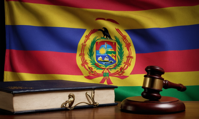 Un icono de bandera boliviana con iconos de abogados, trabajadores y libros de derecho que lo rodean.