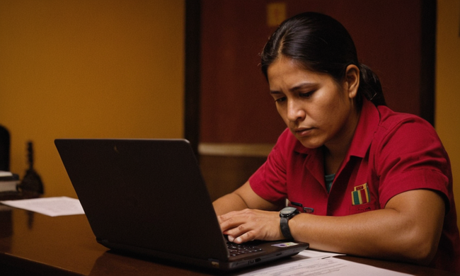 Un trabajador boliviano revisa los documentos actualizados de la ley laboral en un portátil.