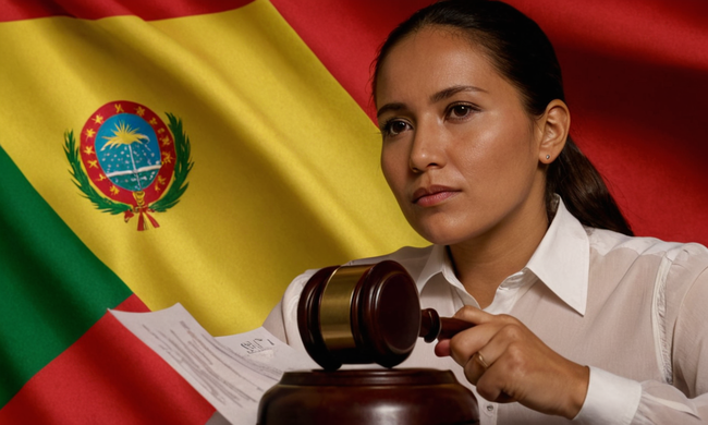 Una persona que consulta un documento legal o contrato con antecedentes de bandera boliviana.