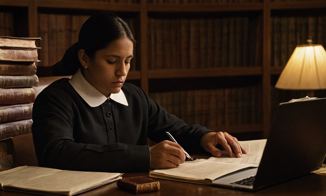 Una persona que estudia en un portátil rodeado de libros y documentos legales bolivianos.