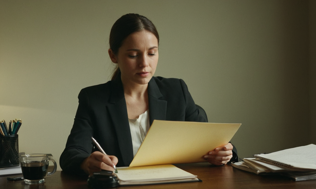 A person sitting at a desk surrounded by documents, with a notebook and pen in hand, representing legal preparation work.