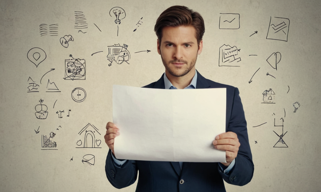 Un hombre de negocios con un papel con un símbolo de marca, rodeado de diagramas y texto.