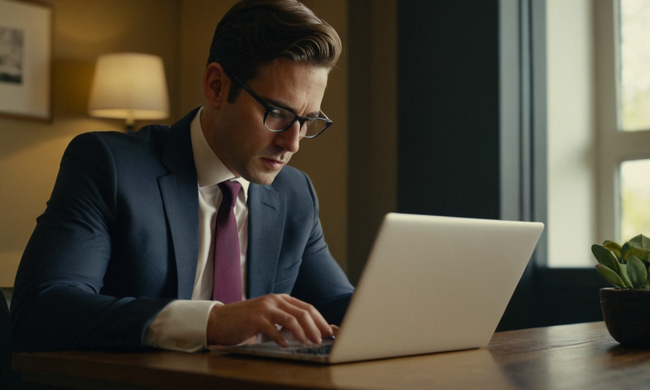 Un hombre de negocios leyendo un documento en su computadora portátil sobre formato de carta para la intención de compra.