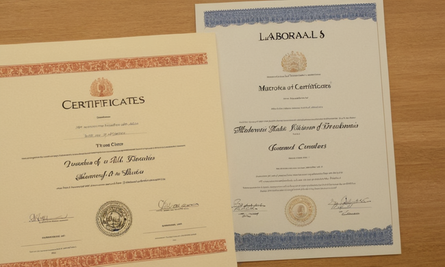 Dos certificados (laborales y trabajos) lado a lado con barras de comparación para ilustrar sus diferencias.