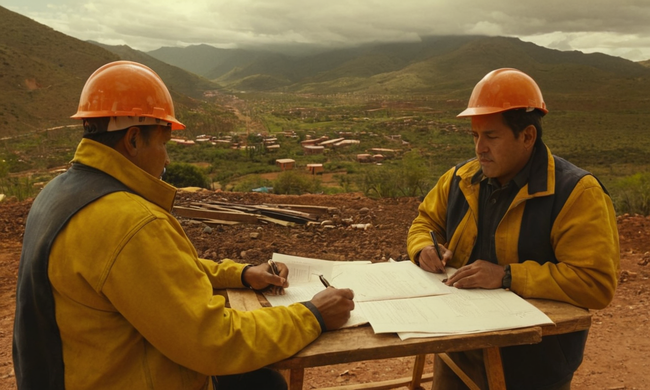 Los trabajadores de la construcción firmaron contratos de papel, en contra de un paisaje boliviano.