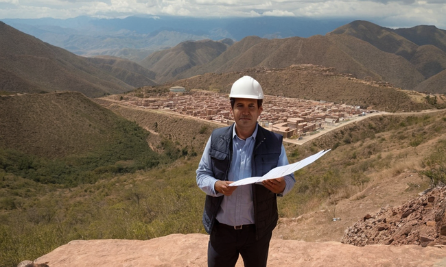 Un arquitecto que sostiene planos con un paisaje boliviano en el fondo, destacando importantes cláusulas contractuales.