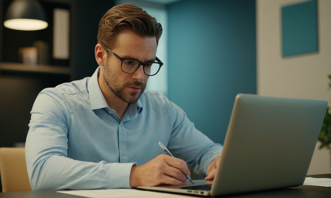 Un empleado sentado en un escritorio, escribiendo una carta formal sobre papelería de la empresa mientras utiliza un portátil.