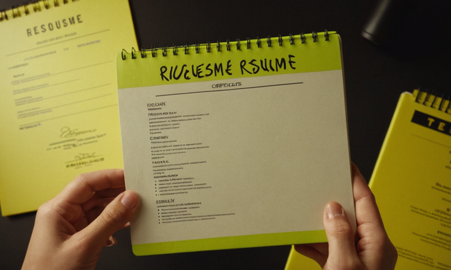 Profesional con un cuaderno de curriculum vitae con destacadores y certificados.