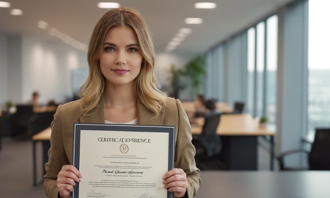 Un profesional con un certificado delante de una oficina borrosa, destacando su experiencia laboral y sus logros.