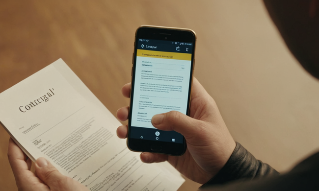 Una persona con un smartphone con un documento contractual abierto en la pantalla.