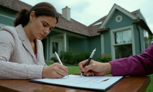 Persona firmando un contrato junto a una casa o propiedad con un cuidador.