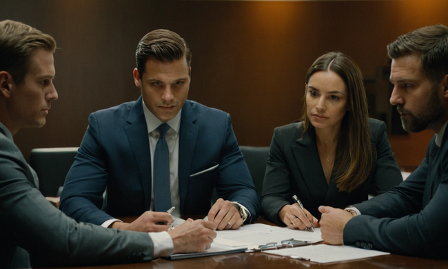 Profesionales de negocios sentados en una mesa de reuniones revisando contratos sobre computadoras portátiles y papeles.