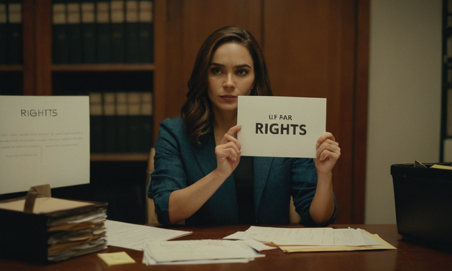 Person holding a Rights sign, surrounded by files and papers on a desk.
