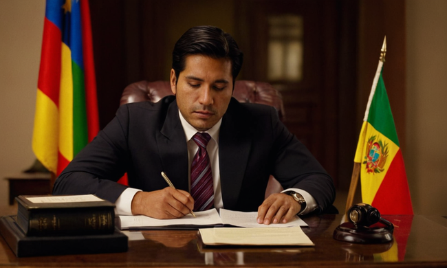 Un abogado que revisa los documentos de contrato en un escritorio con bandera boliviana.