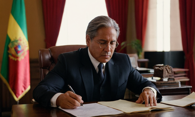 Un abogado boliviano revisando documentos en un escritorio.