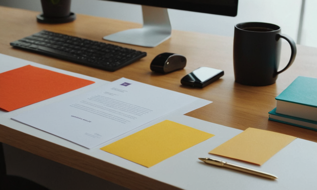 Plantillas de cartas de negocios en un escritorio rodeado de elementos de oficina.