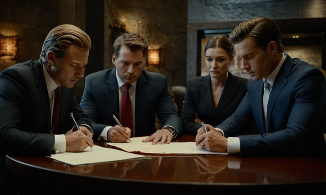 Profesionales de negocios revisando papeles o firmando contratos rodeados de iconos de negocio.
