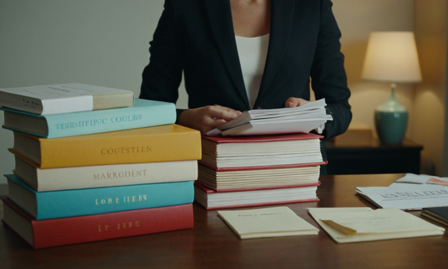 Empresario que tiene una pila de letras en un escritorio elegante en medio de libros y materiales de marketing.