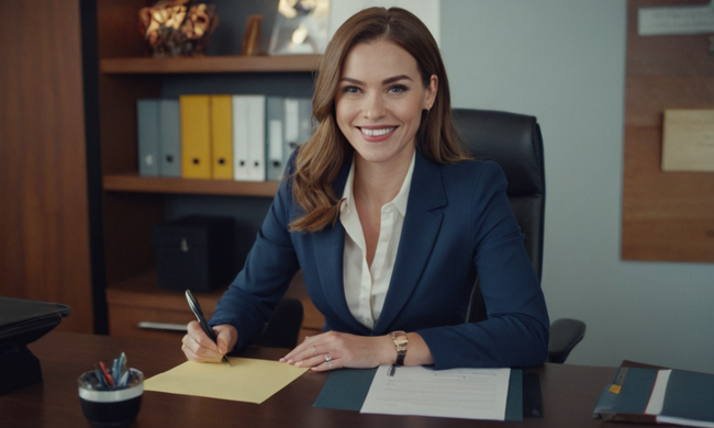 Profesional con una carta y sonriendo en un escritorio con detalles de fondo de negocios.
