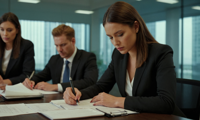 Una persona que estudia documentación contractual entre un equipo de negocios con temas financieros y corporativos.