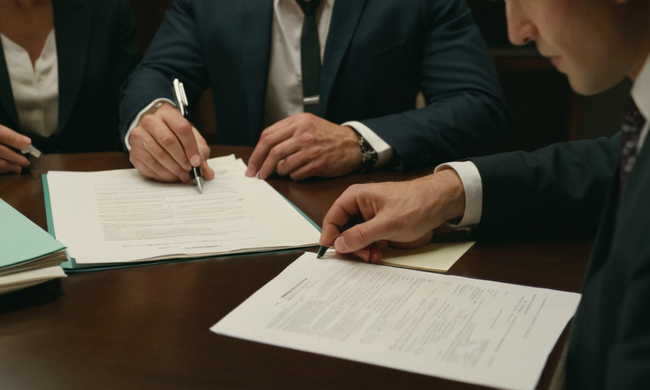 Empresarios que estudian documentos en una mesa con artículos de contrato de consorcio.