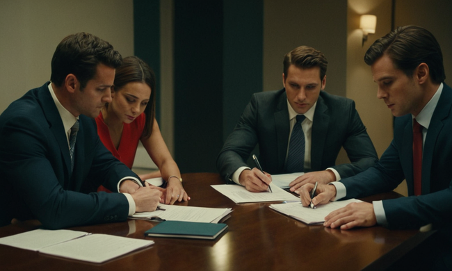 Los empresarios se reunieron alrededor de una mesa revisando contratos y documentos.