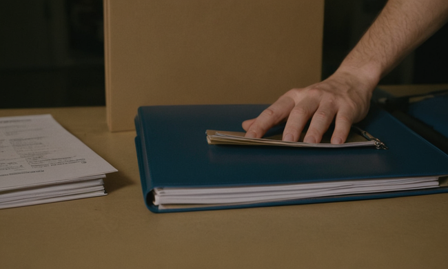 Una persona que abre una carpeta o carpeta relacionada con el alquiler de un garaje, con los documentos pertinentes e información mostrada.