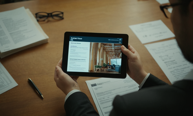 Una guía detallada siendo vista en un ordenador de tabletas entre documentos de antecedentes y formas oficiales.