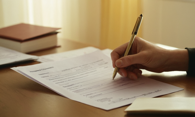 Person holding government documents and fill out forms at home.