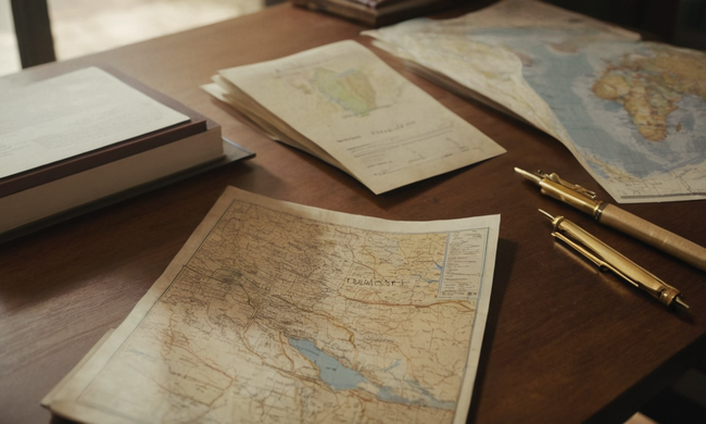 Título texto con documentos y mapas en un escritorio.