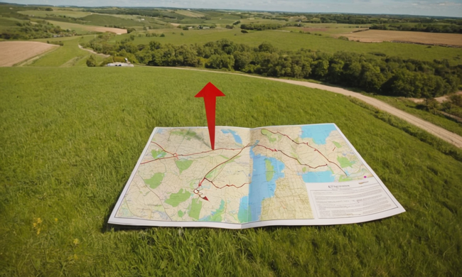 Mapas y documentos legales sobrevalorados en paisajes rurales, con flechas que indican transferencias territoriales.