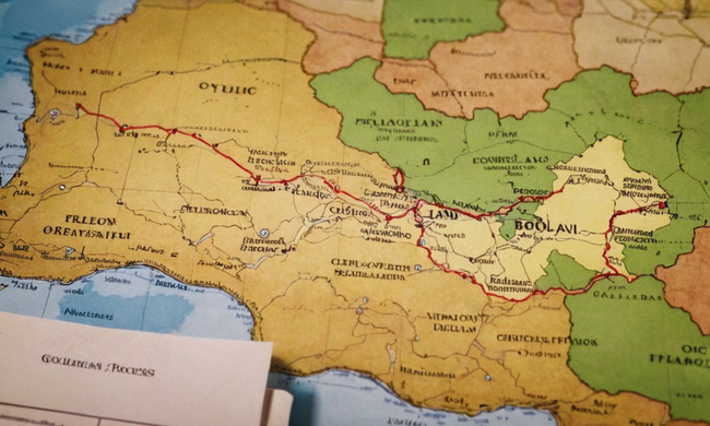 Guía visual que esboza el proceso boliviano de transferencia de tierras en un mapa con documentos legales.